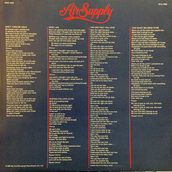 Air Supply – The One That You Love (VG+/VG) – LP, AU 1981 - Image 3
