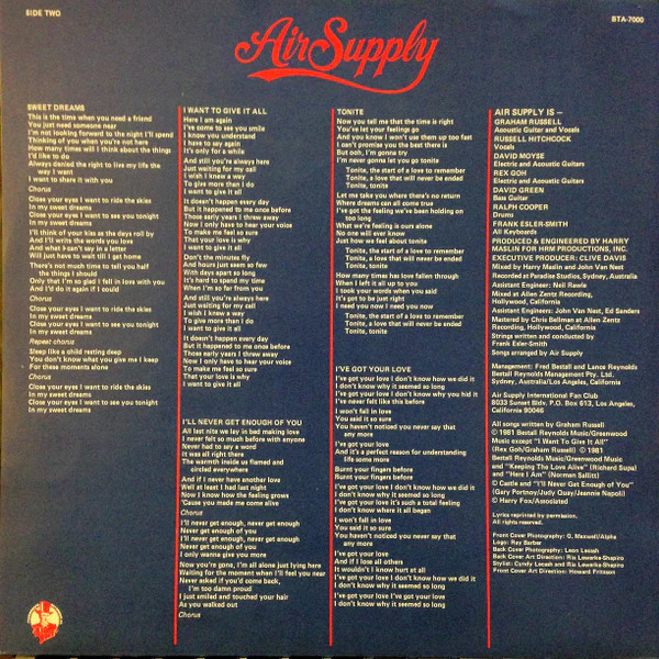 Air Supply – The One That You Love (VG+/VG) – LP, AU 1981 - Image 4