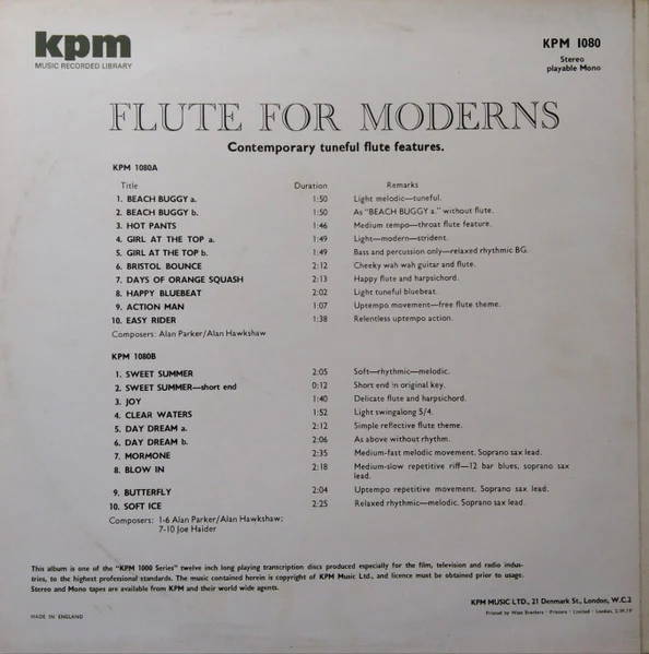 Alan Parker, Alan Hawkshaw, Joe Haider – Flute For Moderns (E/VG+) – LP, UK 1972 - Image 2