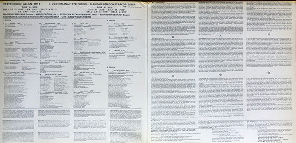 Allan Pettersson, Marianne Mellnäs, Margot Rödin, Sven-Erik Alexandersson, Erland Hagegård, Radiokören, Sveriges Radios Symfoniorkester, Stig Westerberg – Vox Humana (VG/VG) – LP, SE 1976 - Image 3