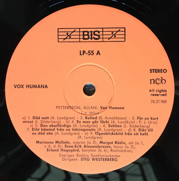 Allan Pettersson, Marianne Mellnäs, Margot Rödin, Sven-Erik Alexandersson, Erland Hagegård, Radiokören, Sveriges Radios Symfoniorkester, Stig Westerberg – Vox Humana (VG/VG) – LP, SE 1976 - Image 4