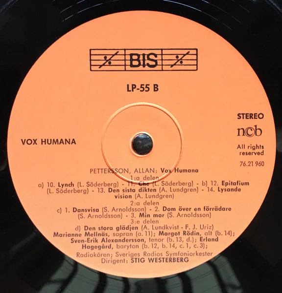 Allan Pettersson, Marianne Mellnäs, Margot Rödin, Sven-Erik Alexandersson, Erland Hagegård, Radiokören, Sveriges Radios Symfoniorkester, Stig Westerberg – Vox Humana (VG/VG) – LP, SE 1976 - Image 5
