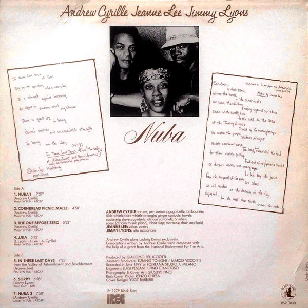 Andrew Cyrille, Jeanne Lee, Jimmy Lyons – Nuba (VG/VG) – LP, IT 1979 - Image 2