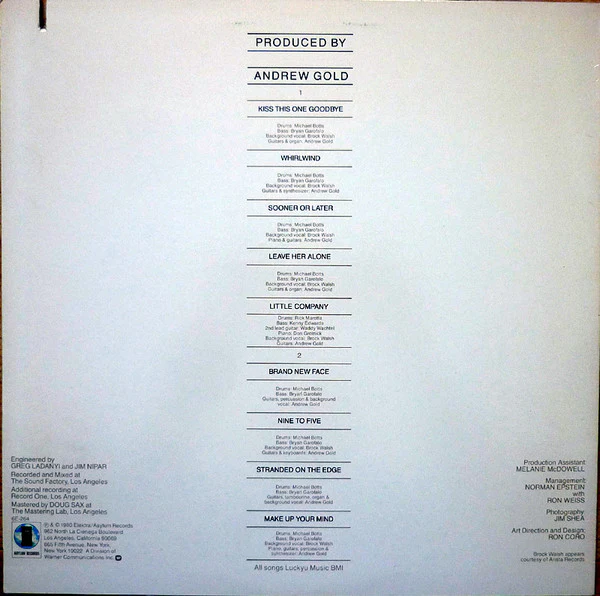 Andrew Gold – Whirlwind (VG+/VG+) – LP, US 1980 - Image 2