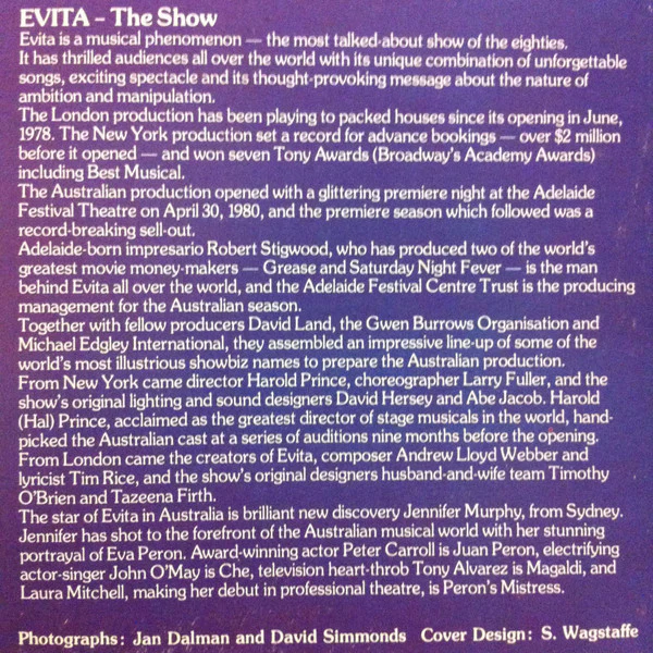 Andrew Lloyd Webber, Tim Rice – Evita Premiere Australian Cast Recording (Excerpts From The Australian Production) (VG+/VG+) – LP, AU - Image 3