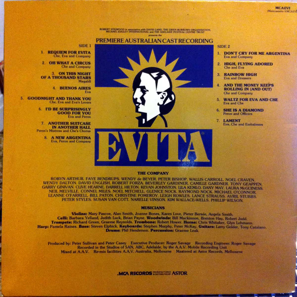Andrew Lloyd Webber, Tim Rice – Evita Premiere Australian Cast Recording (Excerpts From The Australian Production) (VG+/VG+) – LP, AU - Image 4