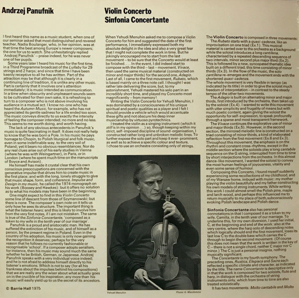 Andrzej Panufnik, Yehudi Menuhin, Menuhin Festival Orchestra, Aurèle Nicolet, Osian Ellis – Concerto For Violin And Strings / Sinfonia Concertante (VG+/VG+) – LP, UK 1975 - Image 2