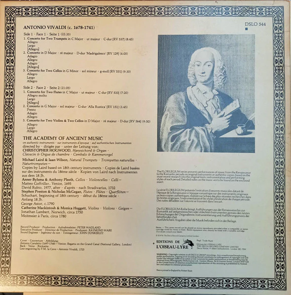 Antonio Vivaldi, Christopher Hogwood, The Academy Of Ancient Music – Concertos: Two Trumpets, Madrigalesco, Two Cellos, Two Flutes, Alla Rustica, Two Violins & Two Cellos (VG+/VG+) – LP, UK 1978 - Image 2