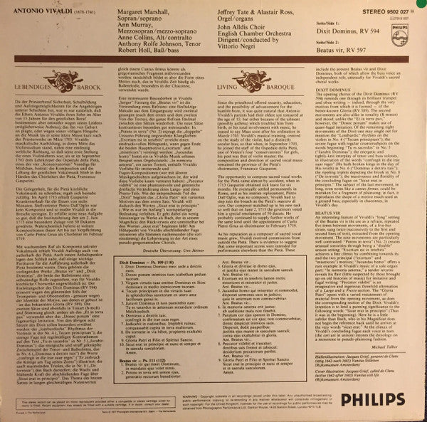 Antonio Vivaldi, Margaret Marshall, Ann Murray, Anne Collins, Anthony Rolfe Johnson, Robert Holl, John Alldis Choir, English Chamber Orchestra, Vittorio Negri – Dixit Dominus • Beatus Vir (VG+/VG+) – LP, NL - Image 2