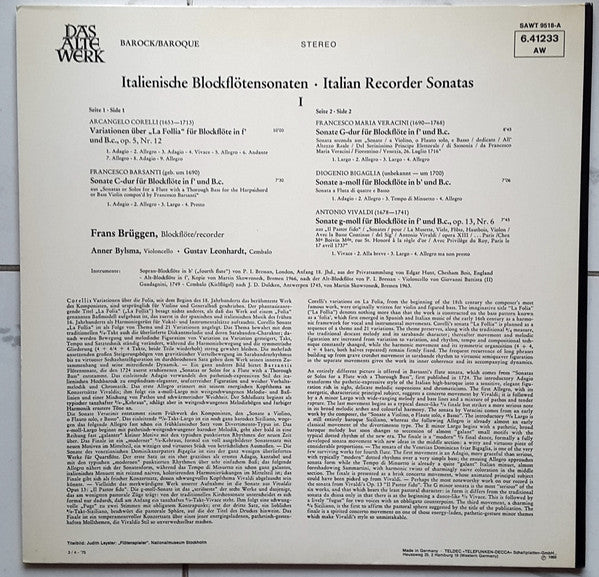 Arcangelo Corelli, Antonio Vivaldi, Francesco Maria Veracini – Italienische Blockflötensonaten - Italian Recorder Sonatas - I (E/E) – LP, DE - Image 2