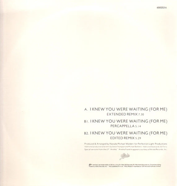 Aretha Franklin, George Michael – I Knew You Were Waiting (For Me) (VG/VG+) – 12", AU 1987 - Image 2