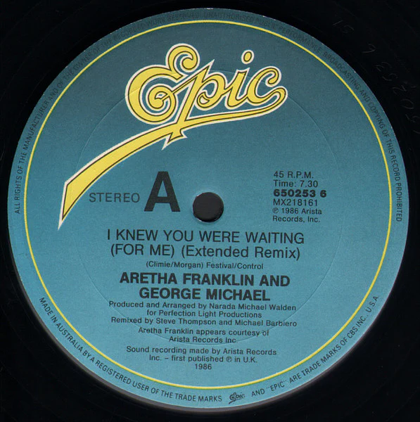 Aretha Franklin, George Michael – I Knew You Were Waiting (For Me) (VG/VG+) – 12", AU 1987 - Image 3