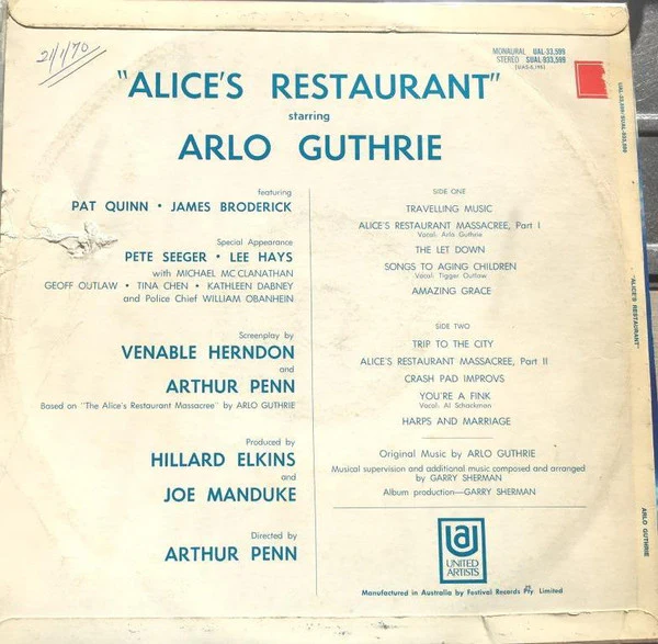 Arlo Guthrie, Garry Sherman – Alice's Restaurant (Original Motion Picture Score) (VG/VG+) – LP, AU 1969 - Image 2