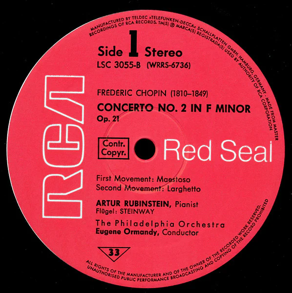 Arthur Rubinstein, The Philadelphia Orchestra, Eugene Ormandy, Frédéric Chopin – Concerto No. 2 In F Minor / Grand Fantasy On Polish Airs (E/E) – LP, DE 1969 - Image 4