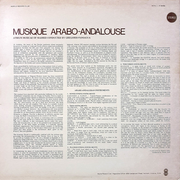Atrium Musicae De Madrid, Gregorio Paniagua – Musique Arabo-Andalouse (VG+/VG+) – LP, AU 1979 - Image 2