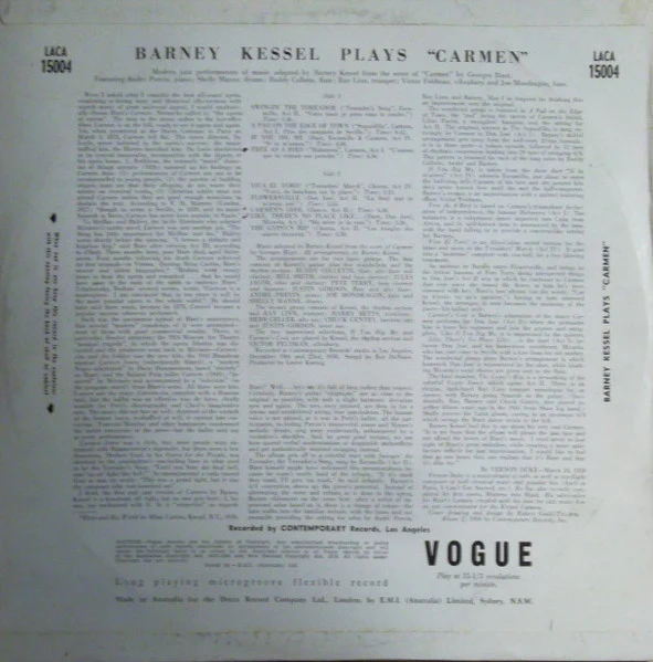 Barney Kessel – Modern Jazz Performances From Bizet's Carmen (E/E) – LP, AU 1959 - Image 2