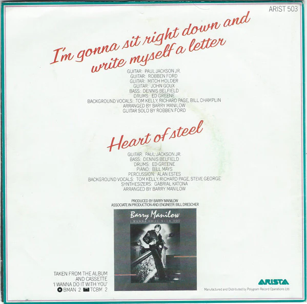 Barry Manilow – I'm Gonna Sit Right Down And Write Myself A Letter (VG+/VG+) – 7", UK 1982 - Image 2