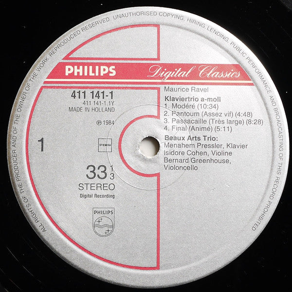 Beaux Arts Trio, Maurice Ravel, Ernest Chausson – Piano Trios • Klaviertrios (NM/E) – LP, EU 1984 - Image 4
