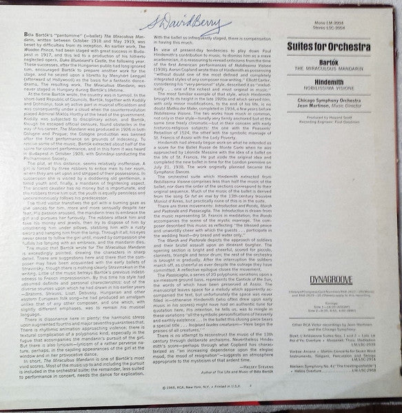 Béla Bartók, Paul Hindemith, Chicago Symphony Orchestra, Jean Martinon – Suites For Orchestra (The Miraculous Mandarin / Nobilissima Visione) (VG+/VG+) – LP, US 1968 - Image 2