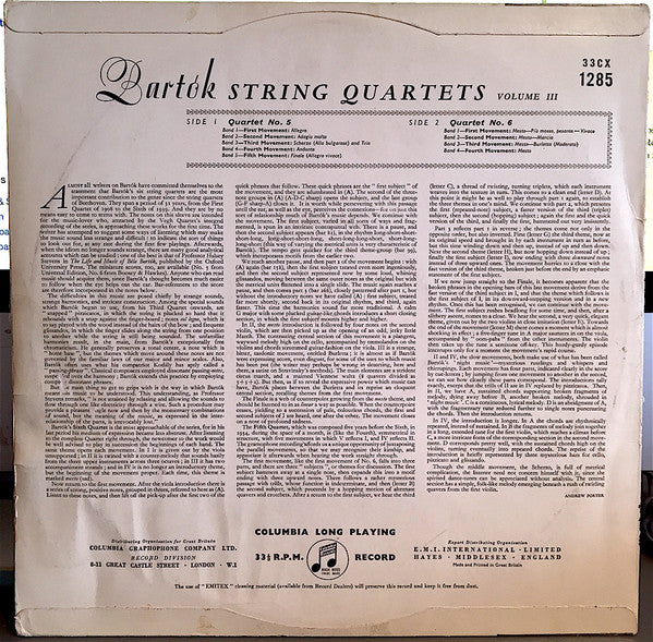 Béla Bartók, Quatuor Végh – String Quartets Nos 5 & 6- Volume Three (VG/VG+) – LP, UK 1956 - Image 2