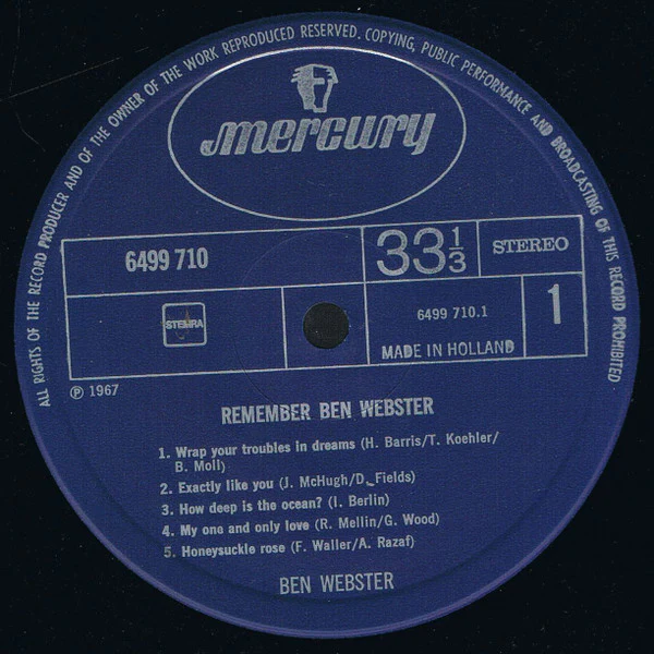 Ben Webster – Remember Ben Webster (VG+/VG) – LP, NL - Image 3