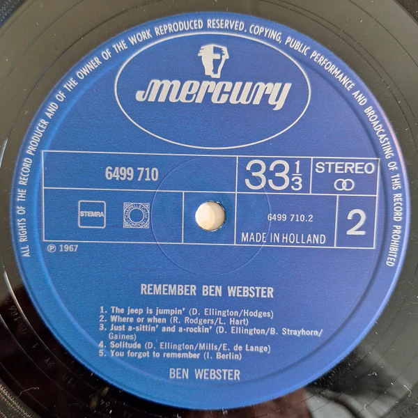 Ben Webster – Remember Ben Webster (VG+/VG) – LP, NL - Image 4