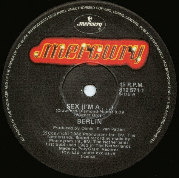 Berlin – Sex (I'm A...) (VG/VG+) – 12", Australasia 1983 - Image 3