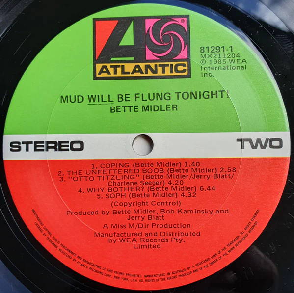 Bette Midler – Mud Will Be Flung Tonight! (VG+/VG+) – LP, AU 1985 - Image 4
