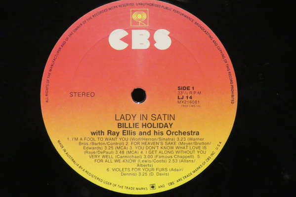 Billie Holiday, Ray Ellis And His Orchestra – Lady In Satin (VG+/VG+) – LP, AU 1984 - Image 3