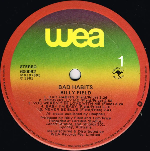 Billy Field – Bad Habits (VG+/VG) – LP, AU 1981 - Image 3