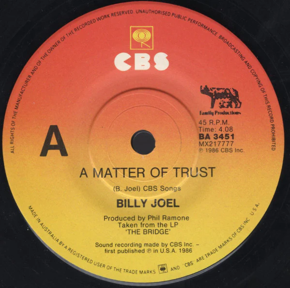 Billy Joel – A Matter Of Trust (E/Generic) – 7", AU 1986
