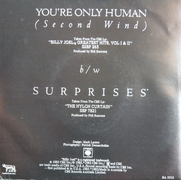 Billy Joel – You're Only Human (Second Wind) (VG+/VG) – 7", AU 1985 - Image 2