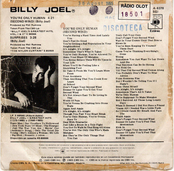 Billy Joel – You're Only Human (Second Wind) (VG+/Generic) – 7", ES 1985 - Image 2
