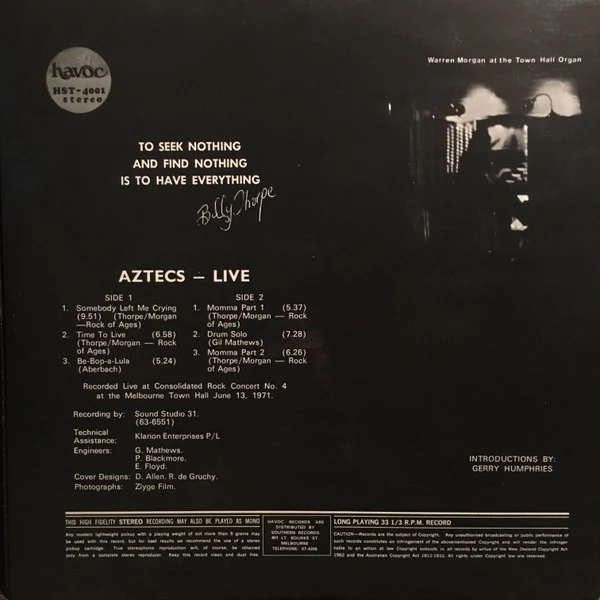 Billy Thorpe And The Aztecs – Live (VG/VG+) – LP, AU 1971 - Image 4