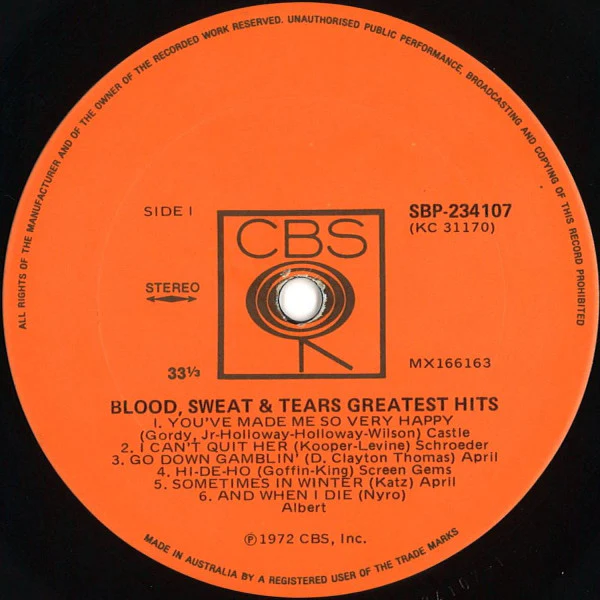 Blood, Sweat And Tears – Blood, Sweat & Tears Greatest Hits (VG/VG+) – LP, AU 1972 - Image 3