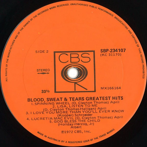 Blood, Sweat And Tears – Blood, Sweat & Tears Greatest Hits (VG/VG+) – LP, AU 1972 - Image 4