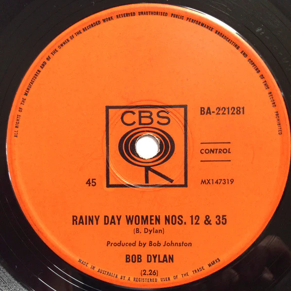 Bob Dylan – Rainy Day Women Nos. 12 & 35 / Pledging My Time (E/Generic) – 7", AU 1966