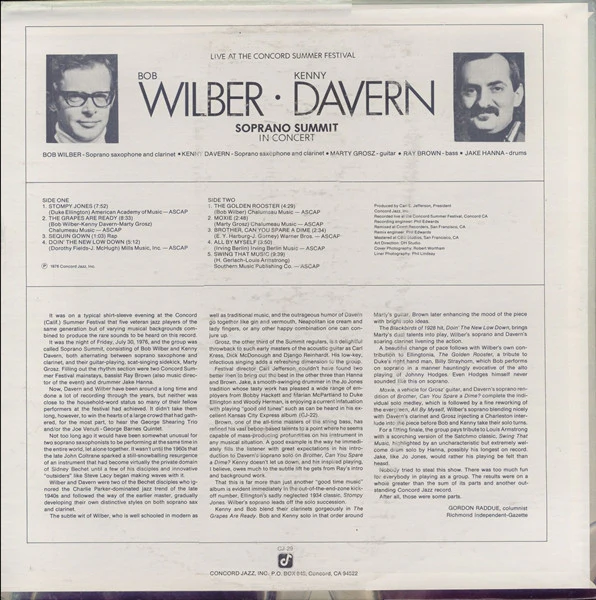 Bob Wilber, Kenny Davern, Marty Grosz, Ray Brown, Jake Hanna, Soprano Summit – Soprano Summit In Concert (VG+/VG+) – LP, US 1976 - Image 2