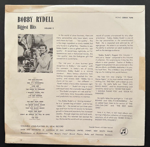 Bobby Rydell – Biggest Hits Volume 2 (E/VG+) – LP, AU 1962 - Image 2