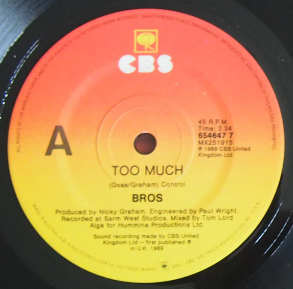 Bros – Too Much (E/VG+) – 7", AU 1989 - Image 3