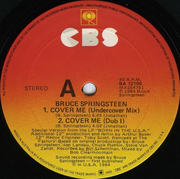 Bruce Springsteen – Cover Me (VG+/VG+) – 12", AU 1984 - Image 3