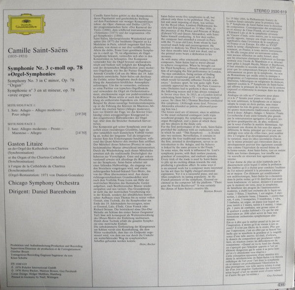 Camille Saint-Saëns, Gaston Litaize, Chicago Symphony Orchestra, Daniel Barenboim – Symphony No.3 "Organ" = „Orgel-Symphonie“ (VG+/VG+) – LP, DE 1981 - Image 2