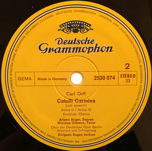 Carl Orff, Arleen Auger, Wiesław Ochman, Chor Der Deutschen Oper Berlin, Eugen Jochum – Catulli Carmina (NM/E) – LP, DE 1971 - Image 4