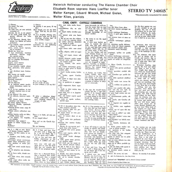 Carl Orff, Elisabeth Roon, Hans Loeffler, Wiener Kammerchor, Heinrich Hollreiser – Catulli Carmina (VG+/VG+) – LP, UK 1967 - Image 2