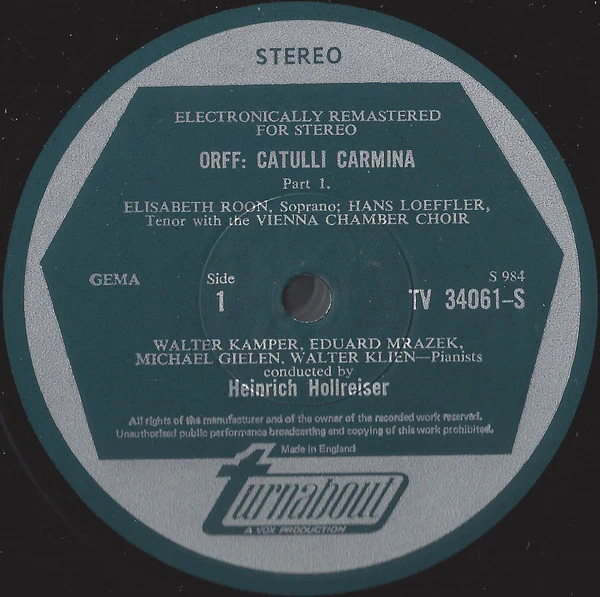 Carl Orff, Elisabeth Roon, Hans Loeffler, Wiener Kammerchor, Heinrich Hollreiser – Catulli Carmina (VG+/VG+) – LP, UK 1967 - Image 3