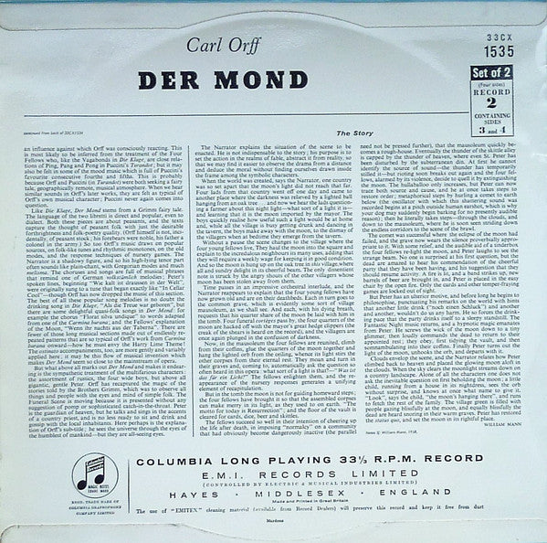 Carl Orff, Philharmonia Orchestra, Wolfgang Sawallisch – Der Mond (VG+/VG+) – 2xLP, UK 1958 - Image 3