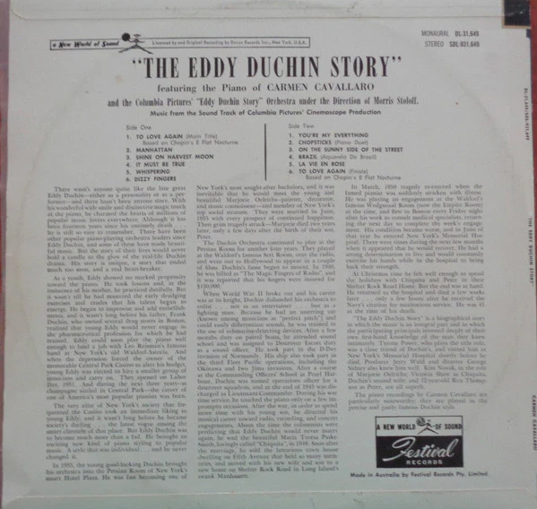 Carmen Cavallaro – The Eddy Duchin Story (VG+/VG+) – LP, AU 1965 - Image 2