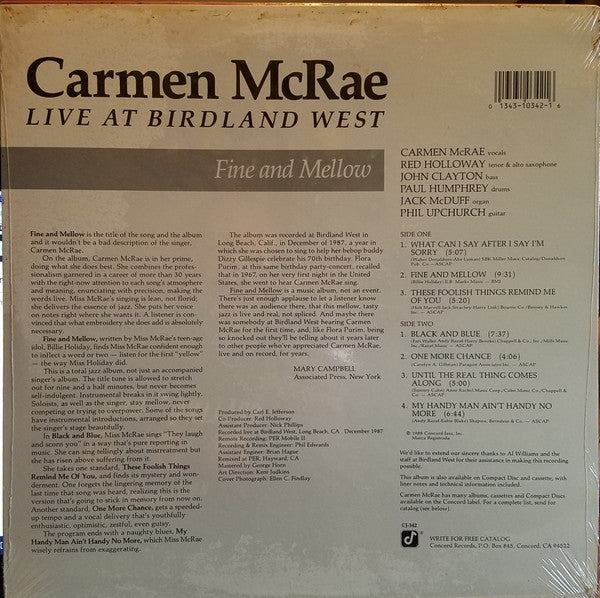 Carmen McRae – Fine And Mellow - Live At Birdland West (VG+/VG+) – LP, US 1988 - Image 2