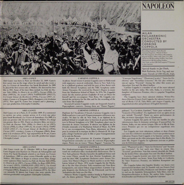 Carmine Coppola, Orchestra Sinfonica Di Milano – Napoleon (E/VG+) – LP, AU 1981 - Image 3
