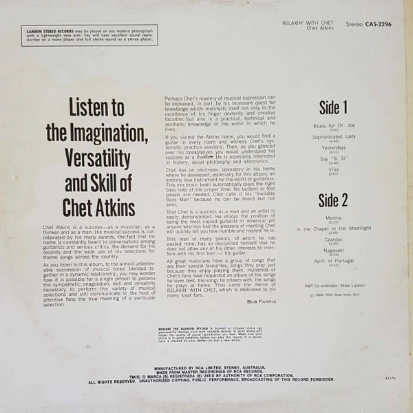 Chet Atkins – Relaxin' With Chet (VG+/VG) – LP, AU 1969 - Image 2